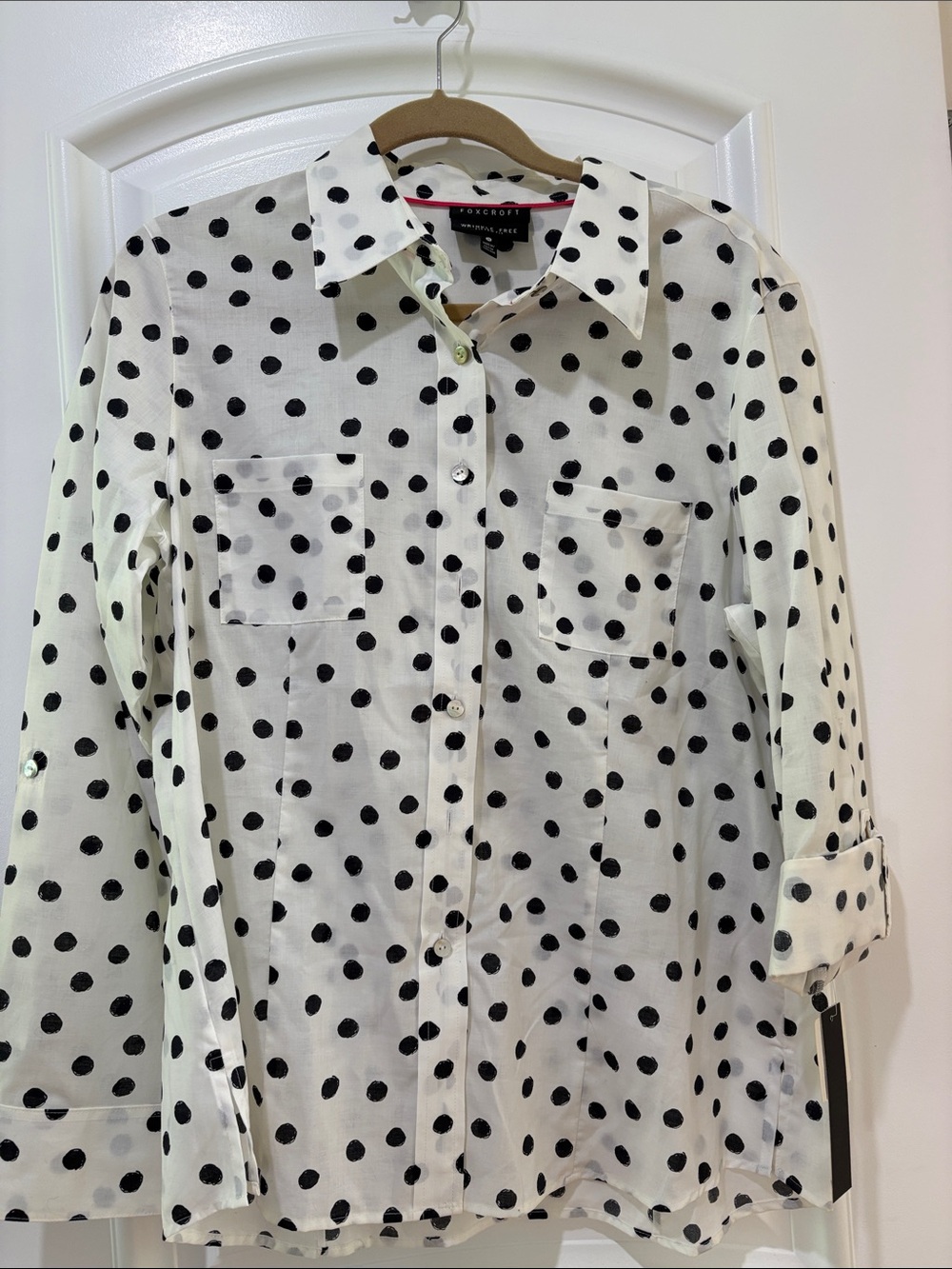 Foxcroft White and Black Polka Dot Button-Up Shirt